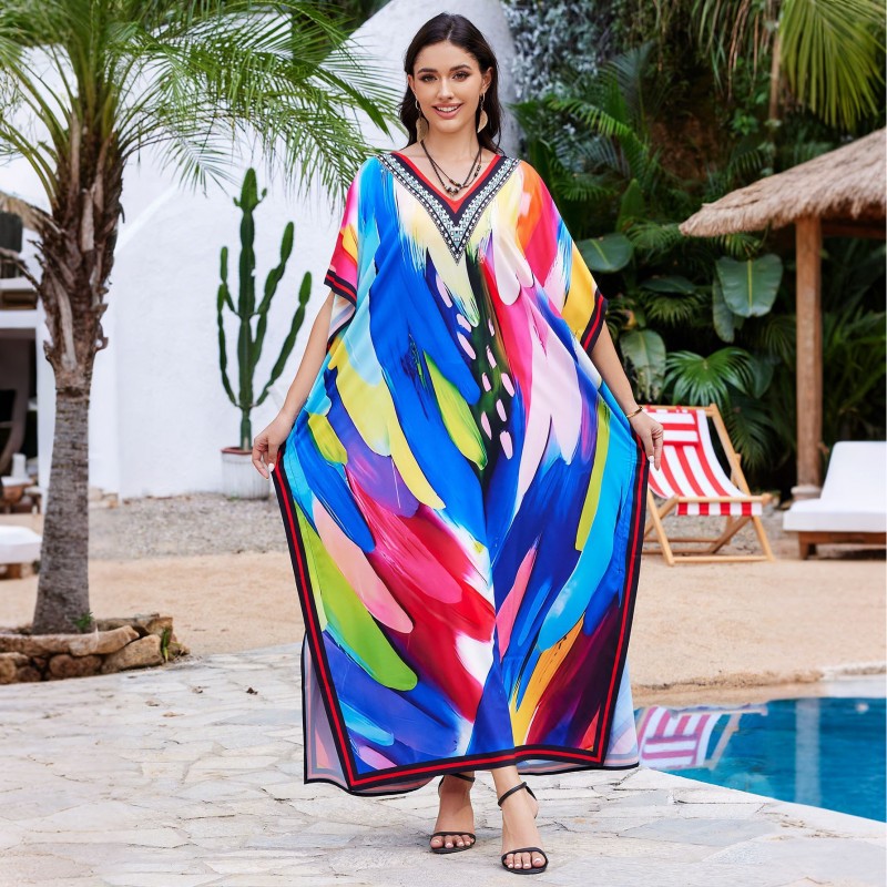 Artistic Bohemian Cover Up Dress - Resort Vacation Wear Woman in Blue Abstract Print Kaftan Dress, Kimono-Style Batwing Sleeves for Beach