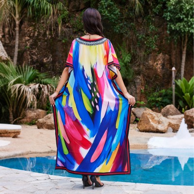 Artistic Bohemian Cover Up Dress - Resort Vacation Wear Woman in Blue Abstract Print Kaftan Dress, Kimono-Style Batwing Sleeves for Beach