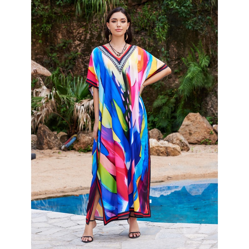 Artistic Bohemian Cover Up Dress - Resort Vacation Wear Woman in Blue Abstract Print Kaftan Dress, Kimono-Style Batwing Sleeves for Beach