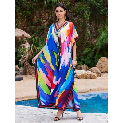 Artistic Bohemian Cover Up Dress - Resort Vacation Wear Woman in Blue Abstract Print Kaftan Dress, Kimono-Style Batwing Sleeves for Beach