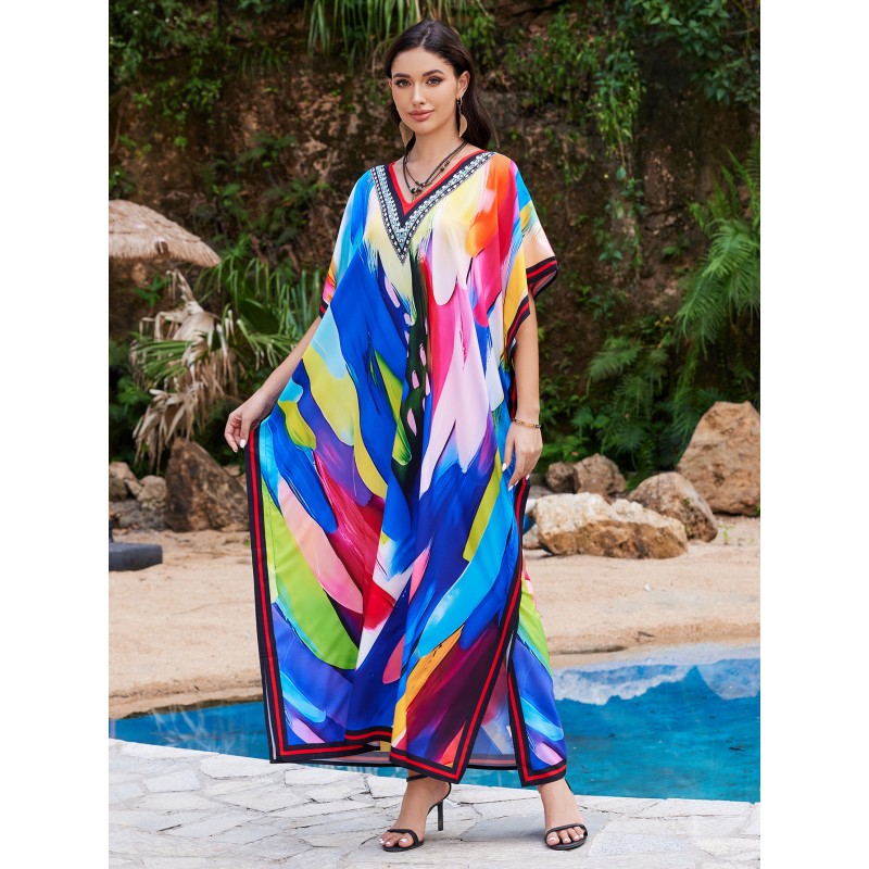 Artistic Bohemian Cover Up Dress - Resort Vacation Wear Woman in Blue Abstract Print Kaftan Dress, Kimono-Style Batwing Sleeves for Beach