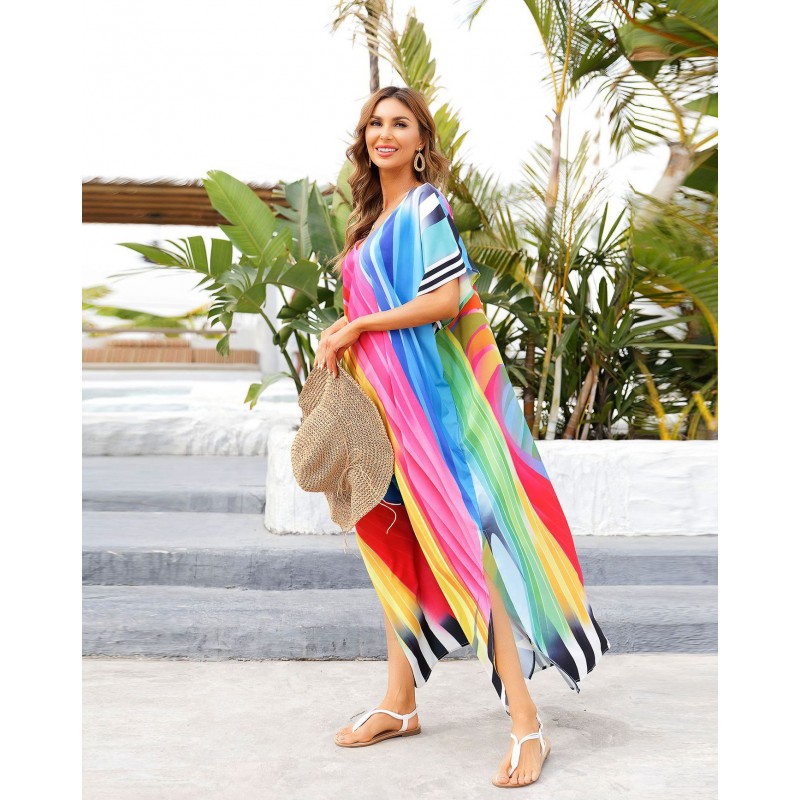 Rainbow Striped Kaftan Dress: Plus Size Beach Cover Up for Women Woman in vibrant rainbow striped plus size kaftan dress with V-neck