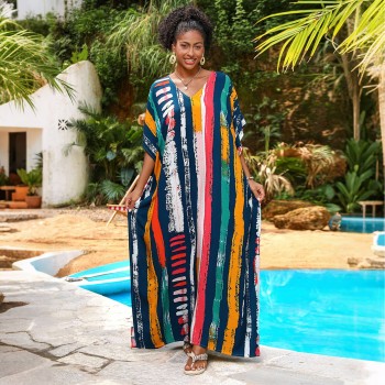 Artistic Stripe Caftan Dress - Loose Fit Casual Cover Up, Garden Tea & Poolside Maxi A002