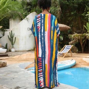 Artistic Stripe Caftan Dress - Loose Fit Casual Cover Up, Garden Tea & Poolside Maxi A002