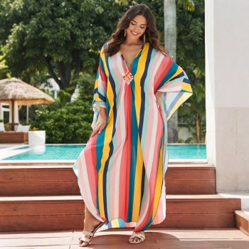 Plus Size Bohemian Kaftan - Striped Flowy Beach Cover Up & Loungewear 8759-1