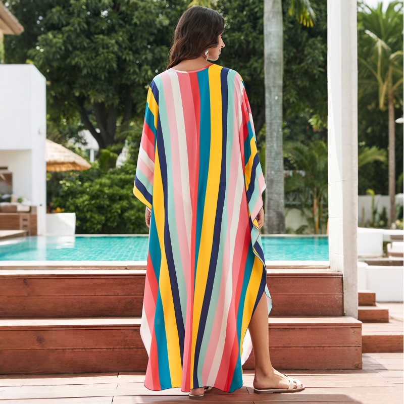 Bohemian Striped Kaftan for Beach and Poolside Wear Plus size woman in striped kaftan dress as beach cover up