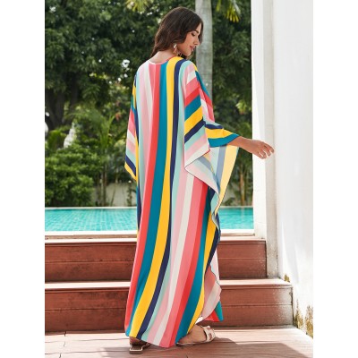 Bohemian Striped Kaftan for Beach and Poolside Wear Plus size woman in striped kaftan dress as beach cover up