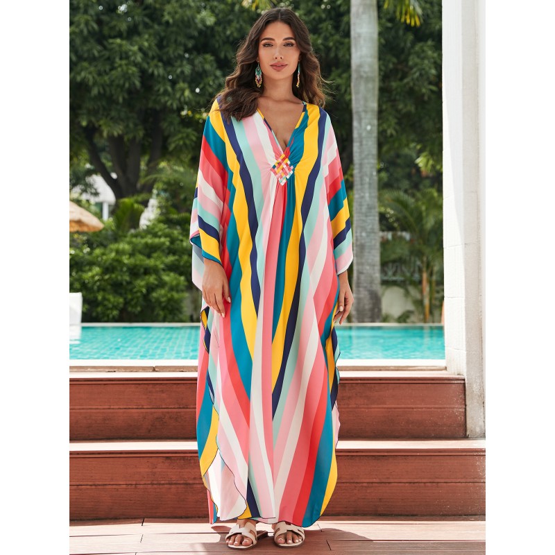 Bohemian Striped Kaftan for Beach and Poolside Wear Plus size woman in striped kaftan dress as beach cover up