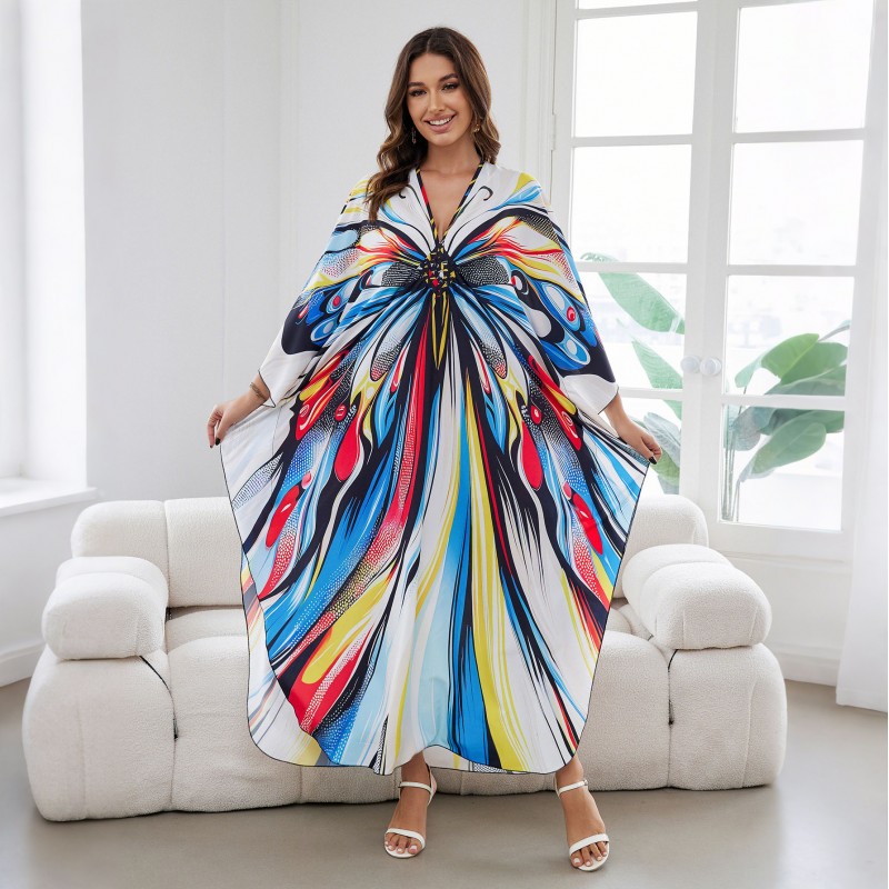 Bohemian Print Kaftan Dress for Women Woman wearing white based colorful butterfly pattern kaftan dress with V neck and loose sleeves