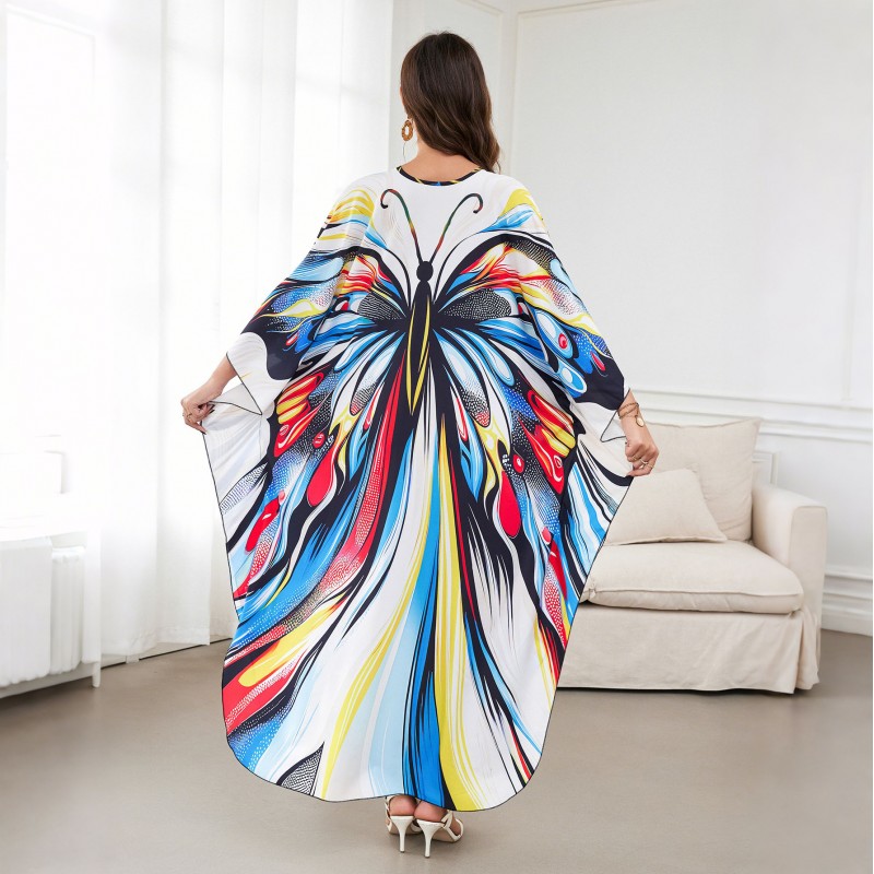Bohemian Print Kaftan Dress for Women Woman wearing white based colorful butterfly pattern kaftan dress with V neck and loose sleeves