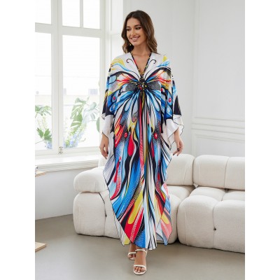 Bohemian Print Kaftan Dress for Women Woman wearing white based colorful butterfly pattern kaftan dress with V neck and loose sleeves