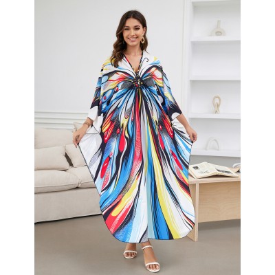 Bohemian Print Kaftan Dress for Women Woman wearing white based colorful butterfly pattern kaftan dress with V neck and loose sleeves