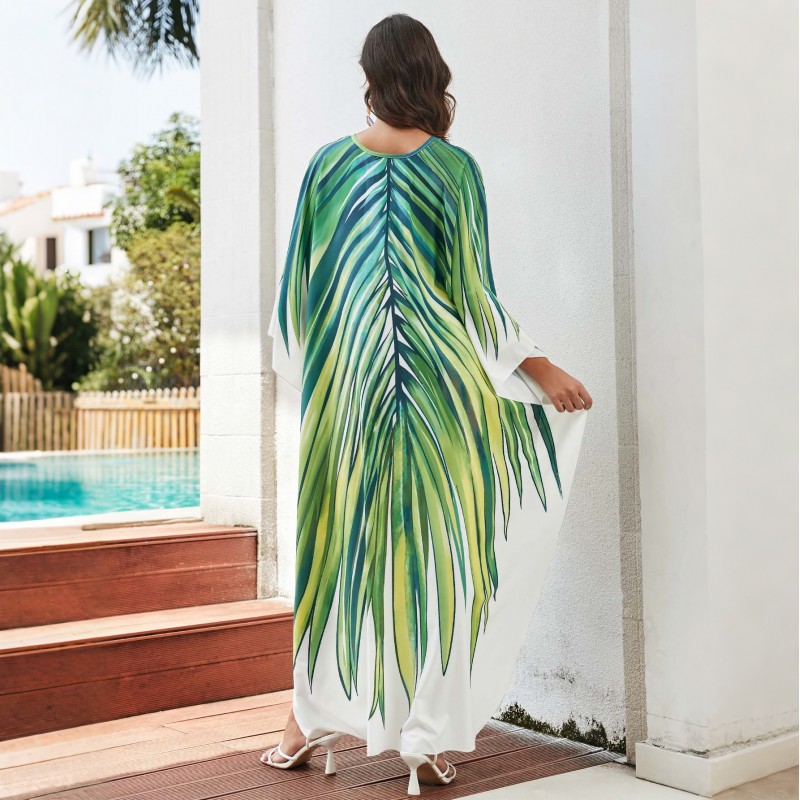 Tropical Resort Kaftan: Mid-Sleeve Cover Up & Lounge Dress Plus size woman in green white tropical kaftan dress with pleated waist at poolside