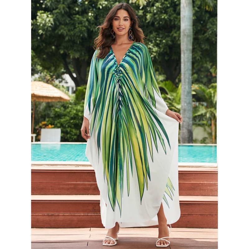 Tropical Resort Kaftan: Mid-Sleeve Cover Up & Lounge Dress Plus size woman in green white tropical kaftan dress with pleated waist at poolside