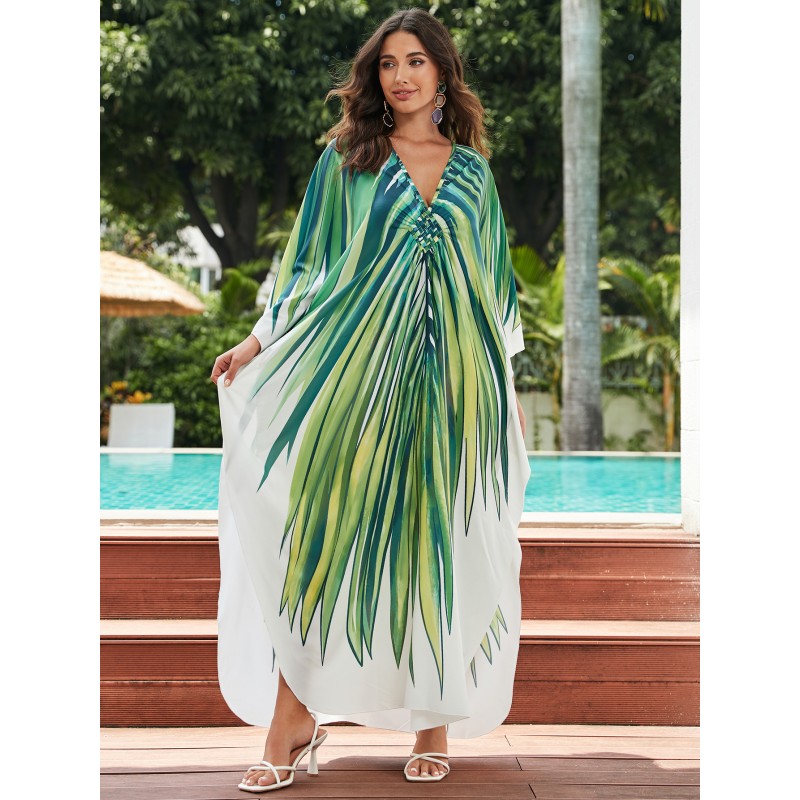 Tropical Resort Kaftan: Mid-Sleeve Cover Up & Lounge Dress Plus size woman in green white tropical kaftan dress with pleated waist at poolside