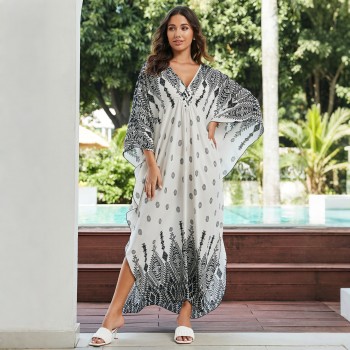 Women's Plus Size  Kaftan Dress - Artistic Beach Cover Up, Boho Lounge Wear & Resort Maxi 8760-3