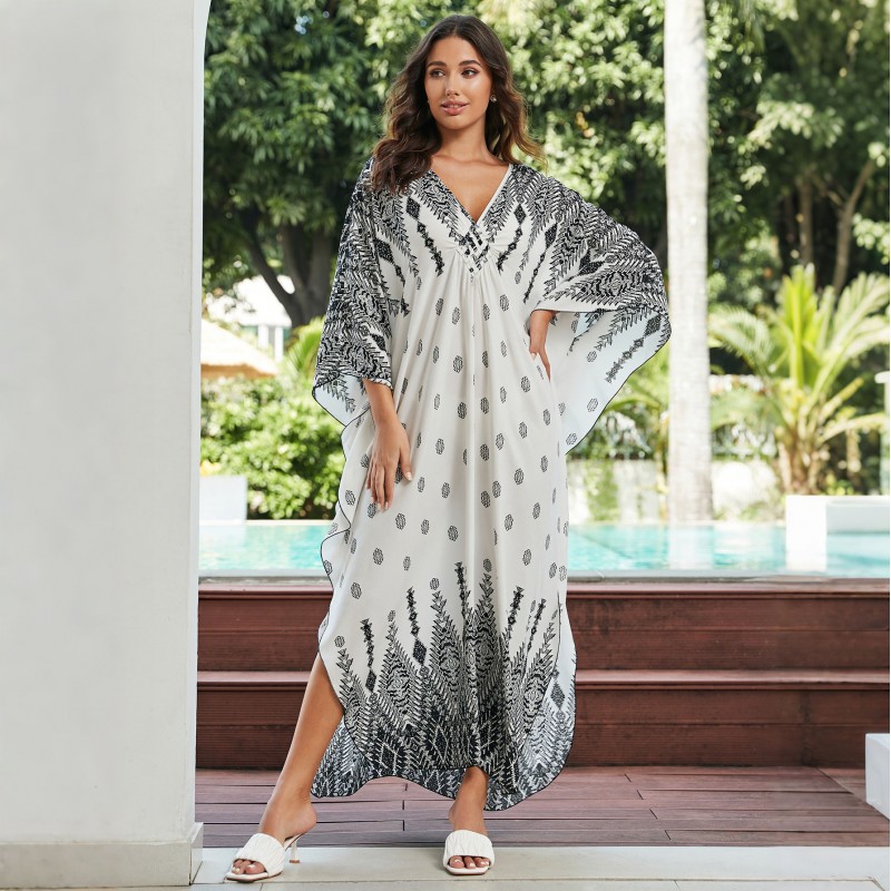 Artistic Boho Kaftan Dress: Beach Cover Up, Lounge Wear & Resort Maxi Plus size woman in unique floral geometric print kaftan dress at beach resort