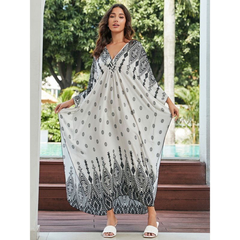 Artistic Boho Kaftan Dress: Beach Cover Up, Lounge Wear & Resort Maxi Plus size woman in unique floral geometric print kaftan dress at beach resort