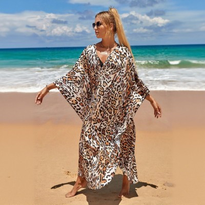Plus Size Floral Kaftan Dress for Poolside Women's leopard print coverup dress as swimsuit cover up at beach