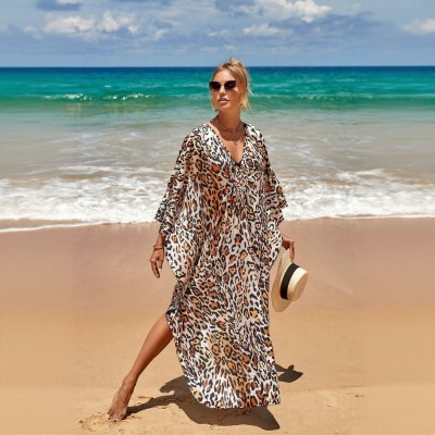 Plus Size Floral Kaftan Dress for Poolside Women's leopard print coverup dress as swimsuit cover up at beach