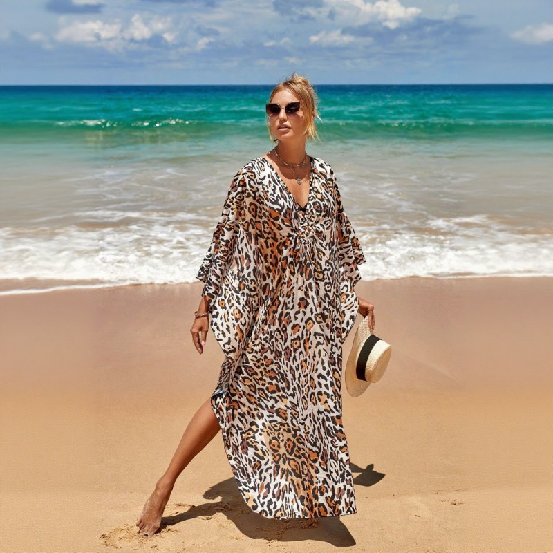 Plus Size Floral Kaftan Dress for Poolside Women's leopard print coverup dress as swimsuit cover up at beach
