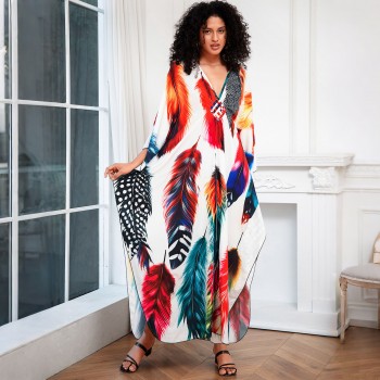  Loose Fit Women's Feather Print Kaftan Dress -  Bohemian Beach Cover Up &  Loungewear Y8774-1