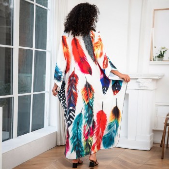 Loose Fit Women's Feather Print Kaftan Dress -  Bohemian Beach Cover Up &  Loungewear Y8774-1