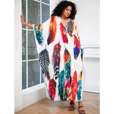 Bohemian Feather Print Kaftan Dress for Women Plus size woman in feather print kaftan dress as beach cover up