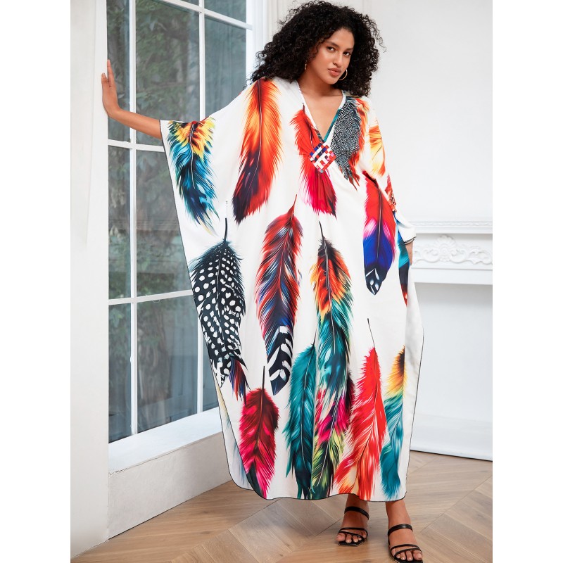 Bohemian Feather Print Kaftan Dress for Women Plus size woman in feather print kaftan dress as beach cover up