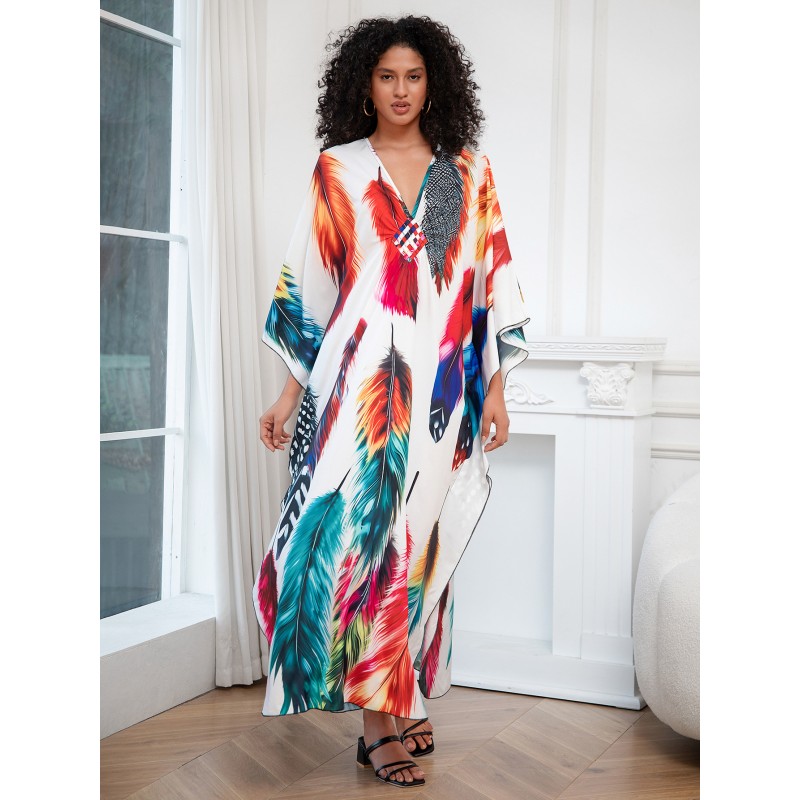 Bohemian Feather Print Kaftan Dress for Women Plus size woman in feather print kaftan dress as beach cover up