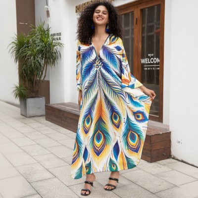 Plus Size Floral Print Kaftan - Swim Cover Up and Resort Wear Floral Bohemian Kaftan Dress for Beach Cover Up and Loungewear