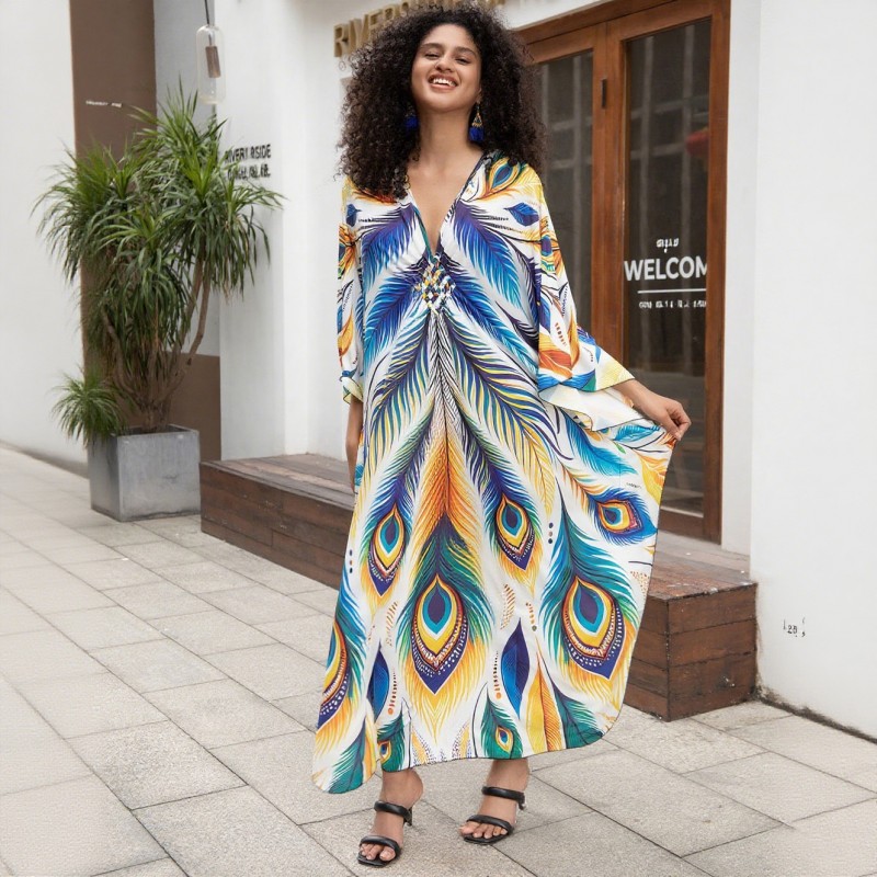 Plus Size Floral Print Kaftan - Swim Cover Up and Resort Wear Floral Bohemian Kaftan Dress for Beach Cover Up and Loungewear