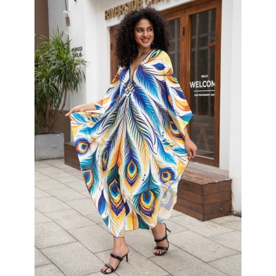 Plus Size Floral Print Kaftan - Swim Cover Up and Resort Wear Floral Bohemian Kaftan Dress for Beach Cover Up and Loungewear