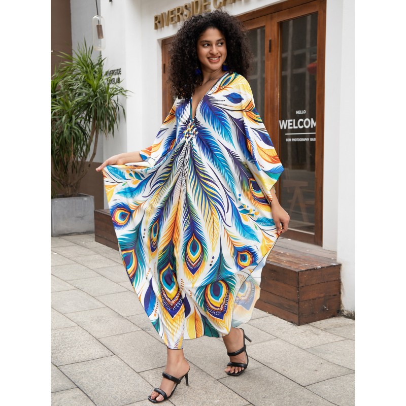 Plus Size Floral Print Kaftan - Swim Cover Up and Resort Wear Floral Bohemian Kaftan Dress for Beach Cover Up and Loungewear