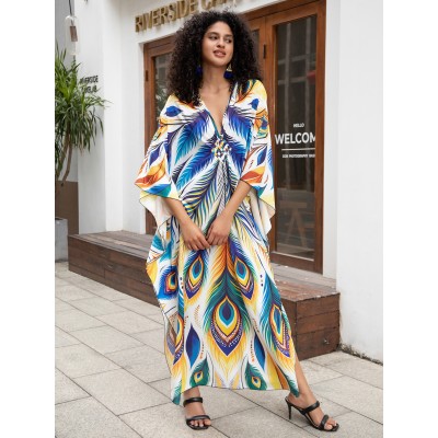 Plus Size Floral Print Kaftan - Swim Cover Up and Resort Wear Floral Bohemian Kaftan Dress for Beach Cover Up and Loungewear