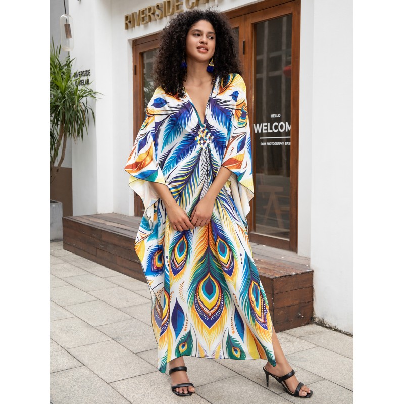 Plus Size Floral Print Kaftan - Swim Cover Up and Resort Wear Floral Bohemian Kaftan Dress for Beach Cover Up and Loungewear