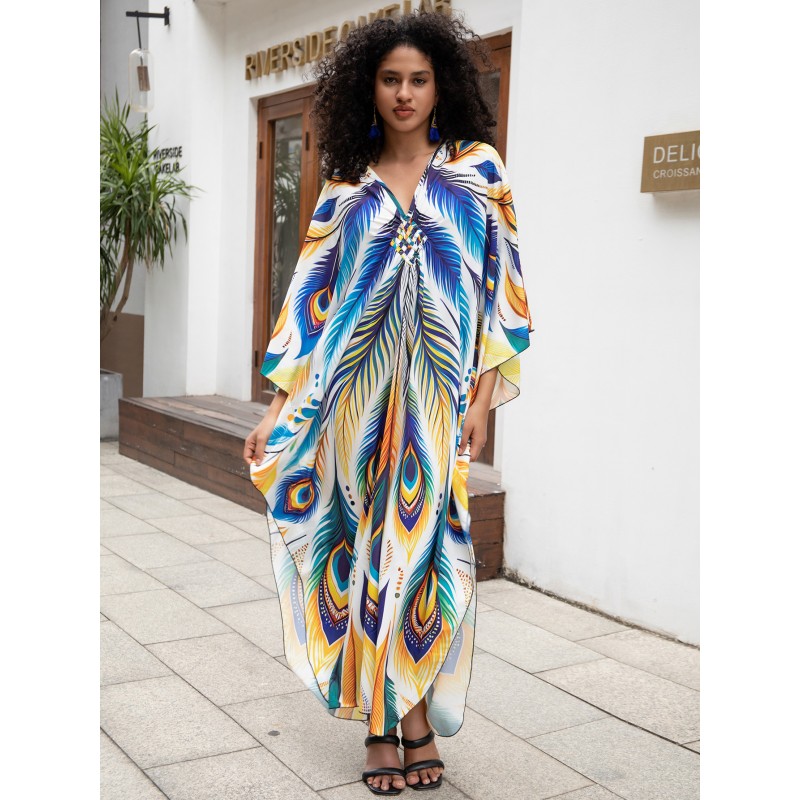 Plus Size Floral Print Kaftan - Swim Cover Up and Resort Wear Floral Bohemian Kaftan Dress for Beach Cover Up and Loungewear