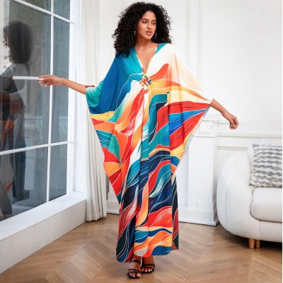 Artistic Bohemian Kaftan Dress for Poolside and Resort Wear Plus size woman in abstract print kaftan dress as beach cover up