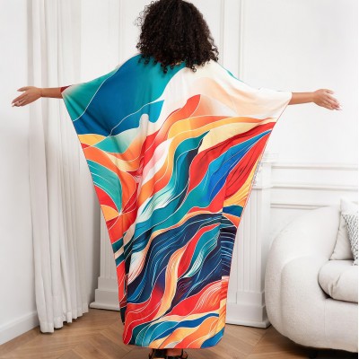 Artistic Bohemian Kaftan Dress for Poolside and Resort Wear Plus size woman in abstract print kaftan dress as beach cover up