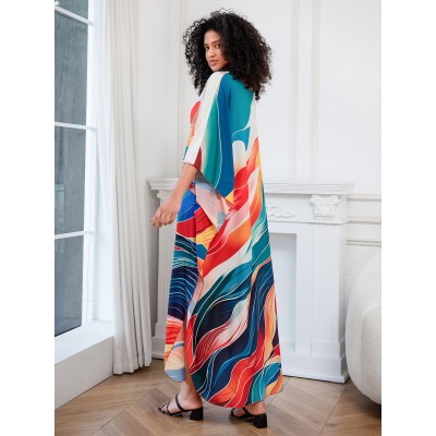 Artistic Bohemian Kaftan Dress for Poolside and Resort Wear Plus size woman in abstract print kaftan dress as beach cover up