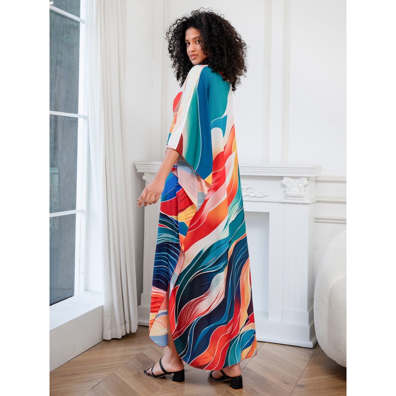 Artistic Bohemian Kaftan Dress for Poolside and Resort Wear Plus size woman in abstract print kaftan dress as beach cover up