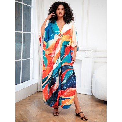Artistic Bohemian Kaftan Dress for Poolside and Resort Wear Plus size woman in abstract print kaftan dress as beach cover up