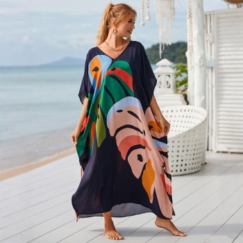 Bohemian Loose Fit Leaf Print Kaftan Dress - Beach Cover Up, Resort Wear & Loungewear 1106-14