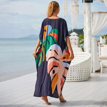 Bohemian Loose Fit Leaf Print Kaftan Dress - Beach Cover Up, Resort Wear & Loungewear 1106-14