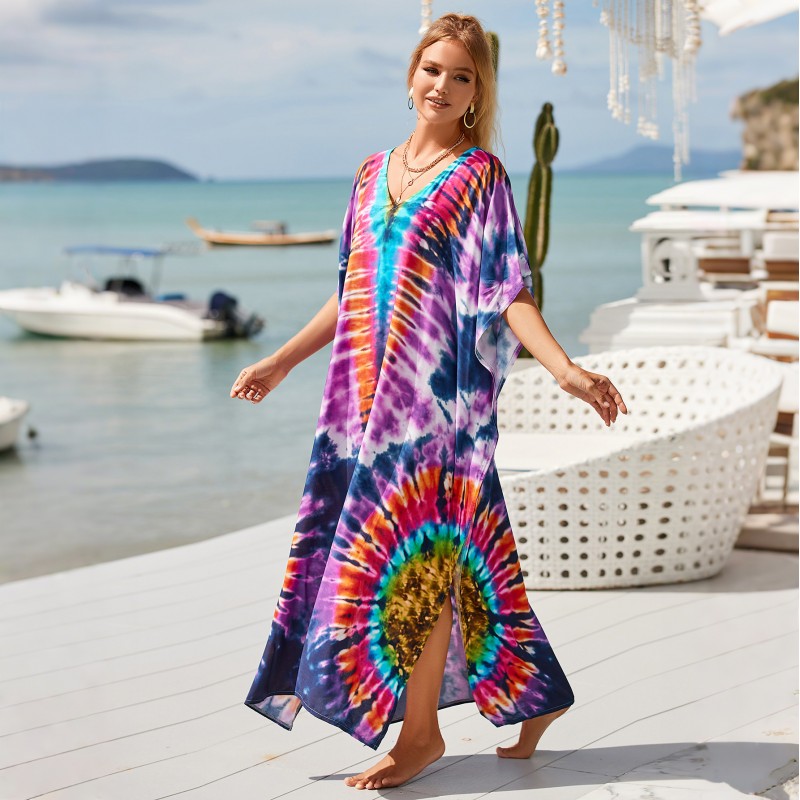 resort kaftan - colorful vacation loungewear V-neck tie-dye art kaftan dress as resort vacation cover up