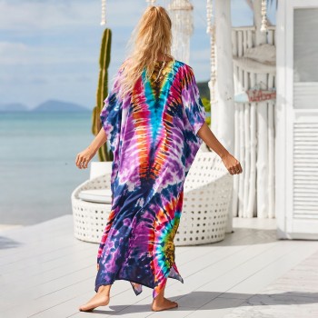 Kaftan Dress Ethnic Resort Wear Beach Swimsuit Cover Up Floral Print Loungewear Bohemian Poolside 1106-2