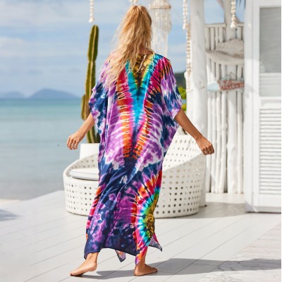 resort kaftan - colorful vacation loungewear V-neck tie-dye art kaftan dress as resort vacation cover up