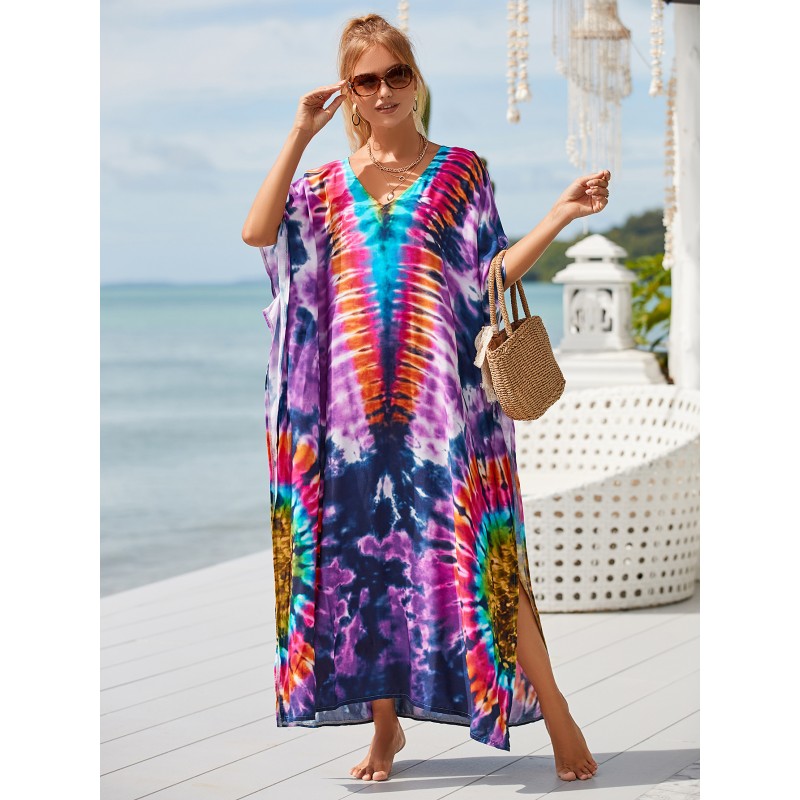 resort kaftan - colorful vacation loungewear V-neck tie-dye art kaftan dress as resort vacation cover up