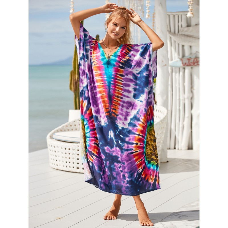 resort kaftan - colorful vacation loungewear V-neck tie-dye art kaftan dress as resort vacation cover up
