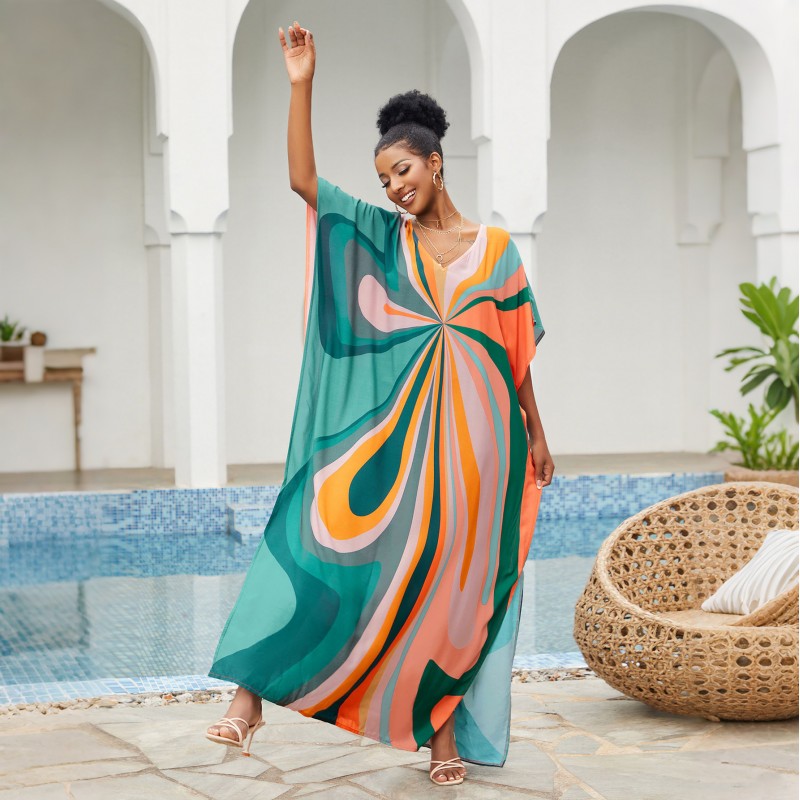 Floral Kaftan Dress for Poolside or Lounge Woman wearing plus size floral kaftan dress at beach
